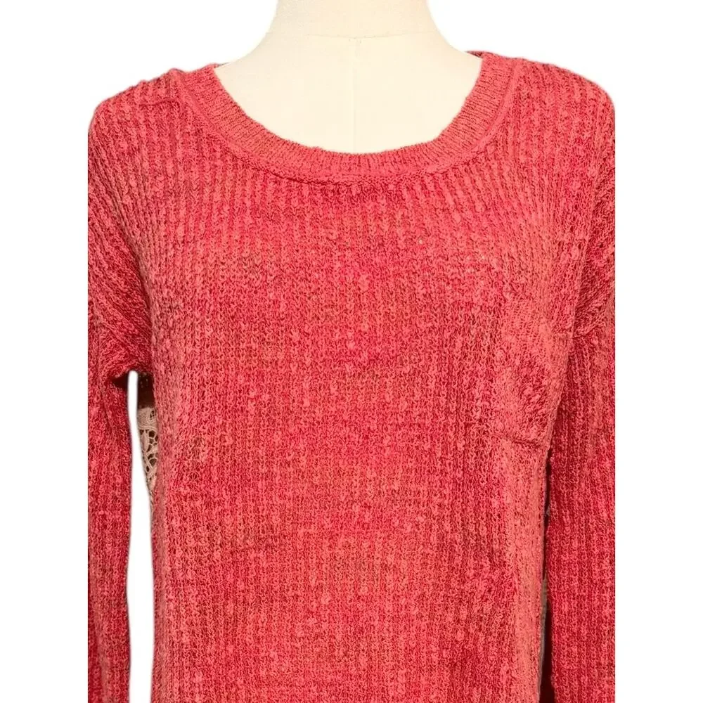 Free People Sweet Jane Crochet Back Pink Strawberry Sweater Oversized Boho Small